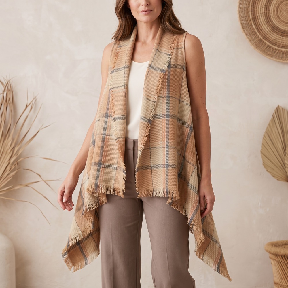 NWT Ace Plaid Open Shawl Vest Fringe Beige Gray Blanket Wrap OS Cozy Boho Fairy